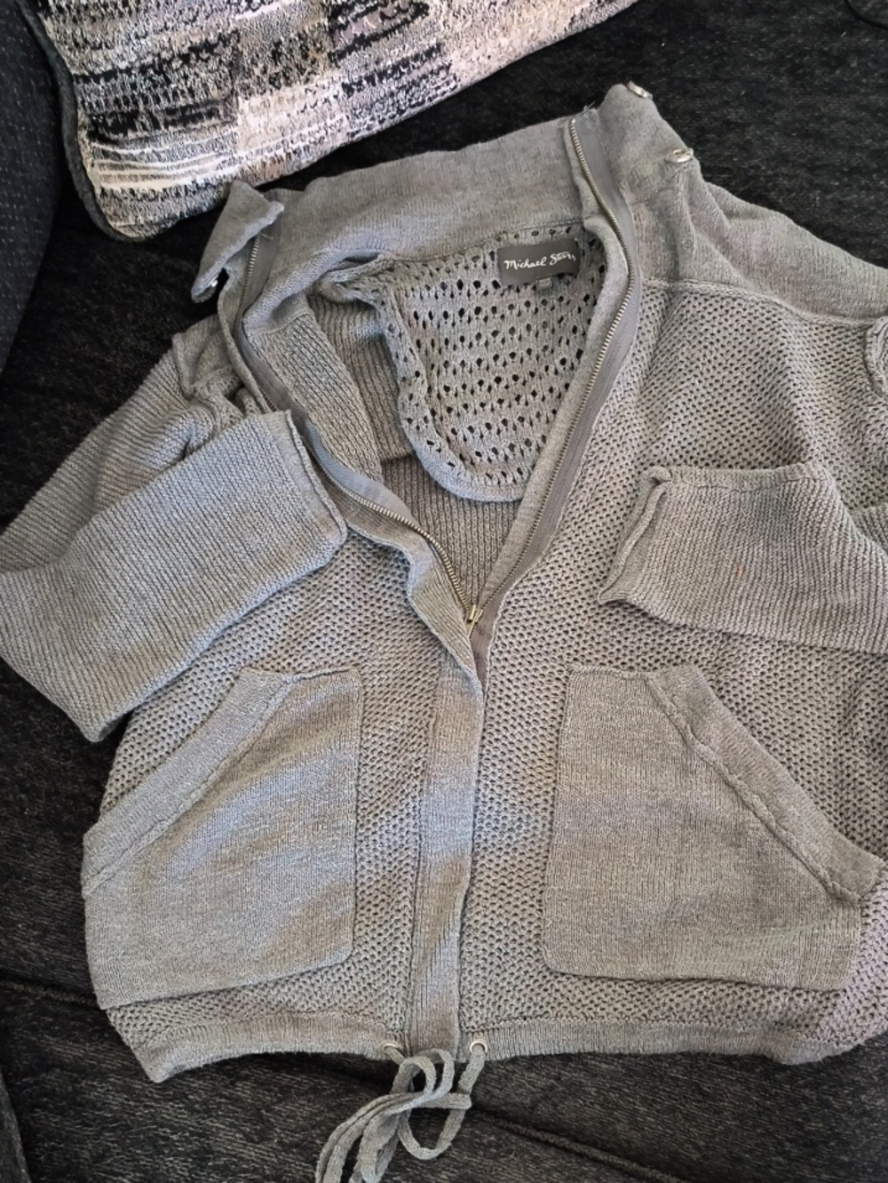 Michael Stars Light Gray Open-Knit Zip Hoodie Cardigan